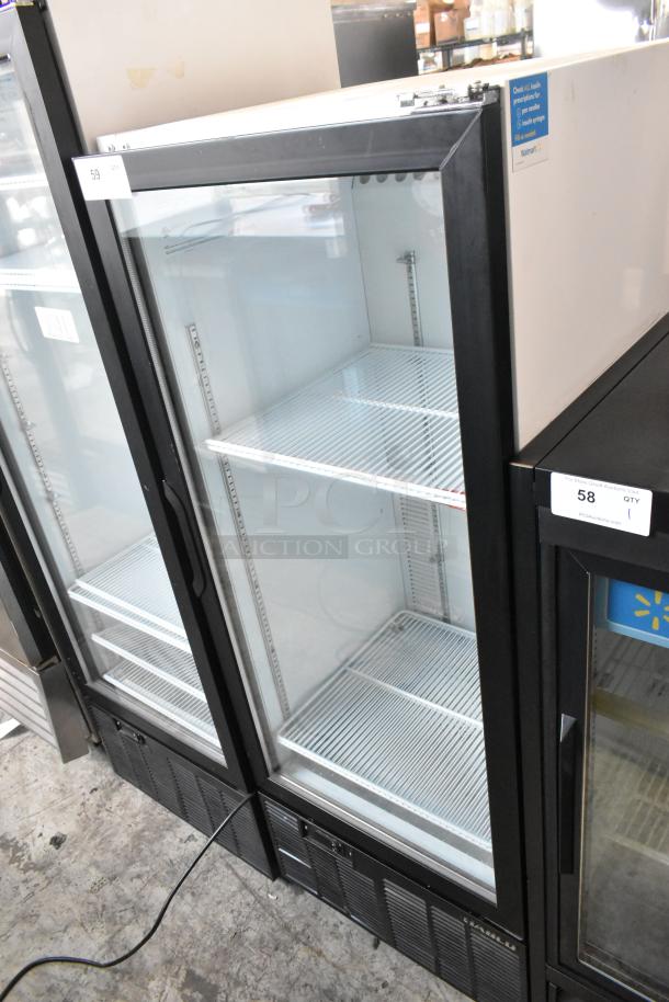 Habco SE12 metal commercial cooler; single door, poly coated racks, 115V, 1 phase; clear glass front; excellent condition.