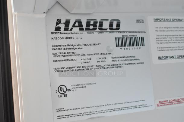 Habco SE12 commercial cooler label showing model, electrical rating (115V, 1 phase), and UL listing.