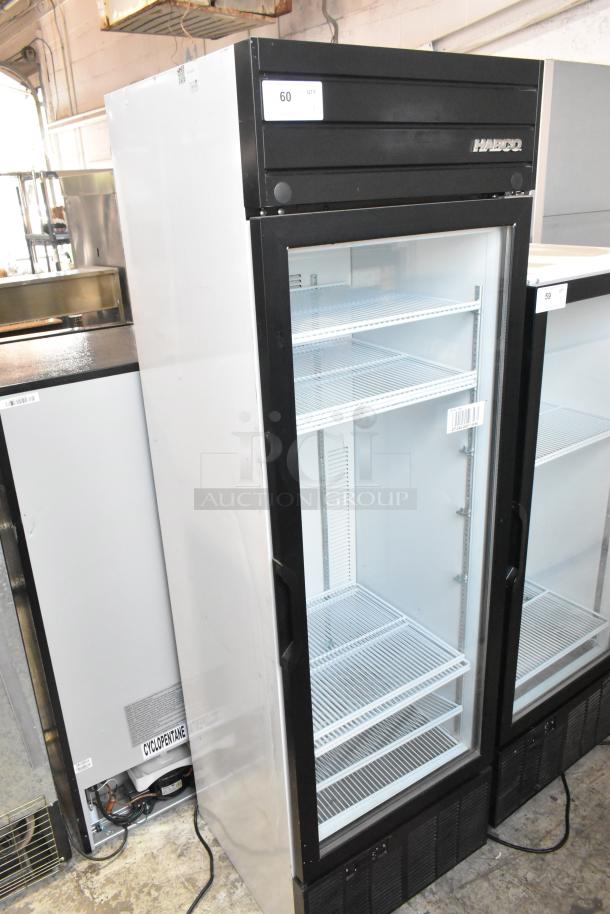 2019 Habco SE18 metal single door cooler, commercial, poly racks, 115V, used condition. Model SE18 visible on door.
