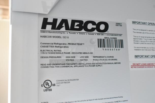 Label close-up of 2019 Habco SE18 commercial cooler, showing electrical rating and UL certification. Model details highlighted.