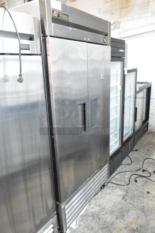 True T-35 Stainless Steel 2-Door Commercial Cooler, poly coated racks, commercial casters, 115 volts, 1 phase.