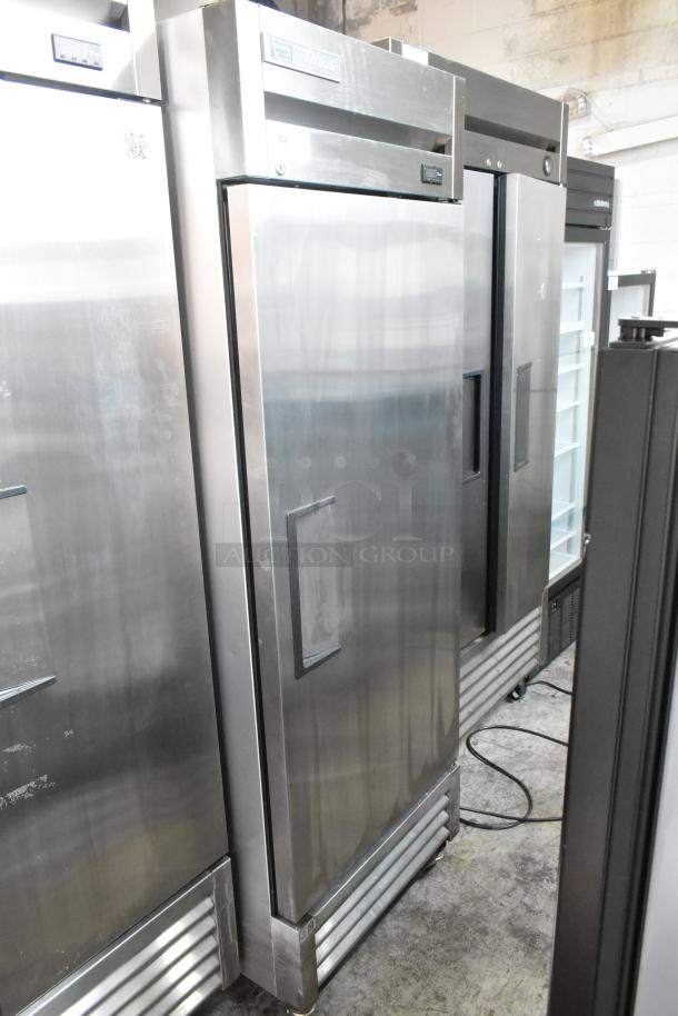 2019 True T-19F-HC stainless steel commercial freezer with poly-coated racks on casters, single door, good condition.