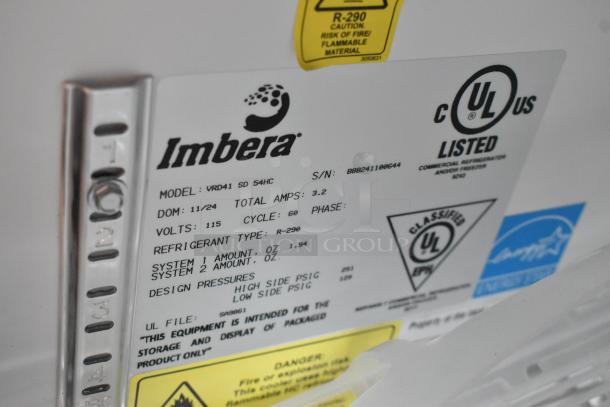 Imbera VRD41 commercial cooler label, showing model, voltage (115V), phase, refrigerant type (R-290), and UL certification.