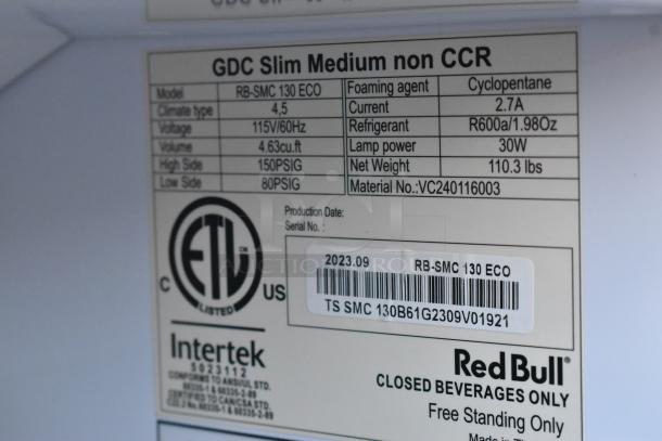 2023 Red Bull RB-SMC 130 ECO single door cooler, 115V, 4.63cu.ft. capacity, R600a refrigerant, ETL listed.