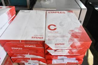 5 boxes of Staples copy paper with an additional 8 reams, 92 bright, 20 lb, 500 sheets per ream, in excellent condition.
