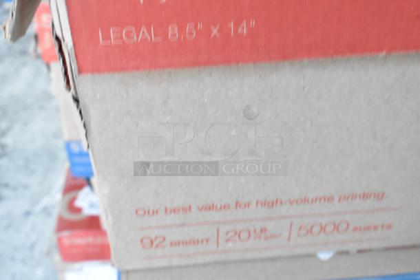Boxes of legal size 8.5"x14" copy paper, labeled for high-volume use, with 5000 sheets containing 92 brightness.