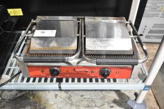 Avantco 177P84 Stainless Steel Commercial Double Panini Press, showing rust and wear, power knobs and label visible.