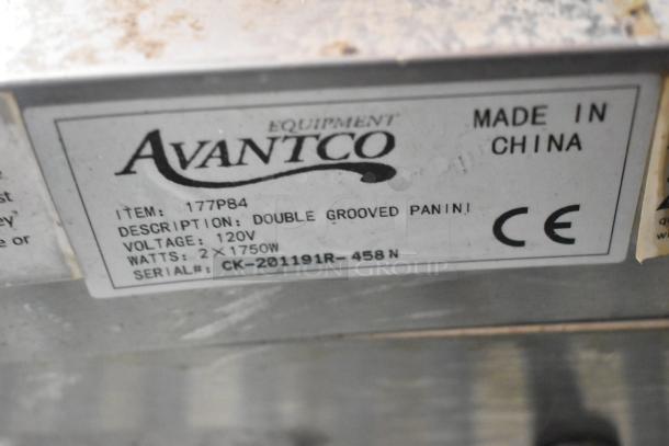 Avantco 177P84 stainless steel double panini press label, 120V, 1 phase, made in China, featuring CE marking.