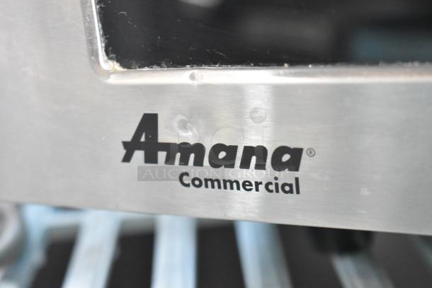 2017 Amana RMS10TS stainless steel countertop microwave oven, commercial grade, 120 volts, 1 phase. Features Amana branding.