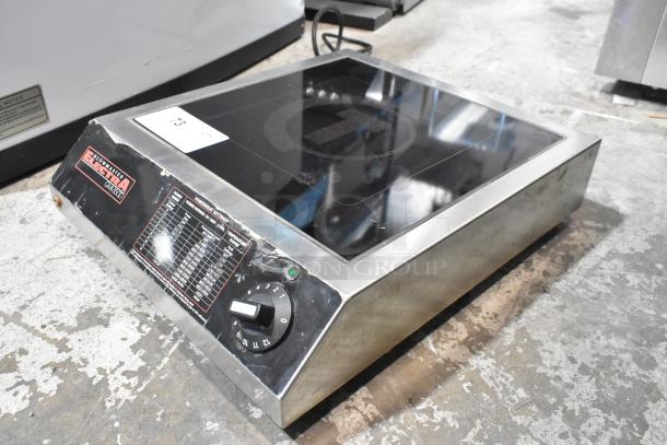 Glowmaster Electra GMI-3500 induction range, stainless steel, single burner, 208V, 1 phase, visible performance settings label.