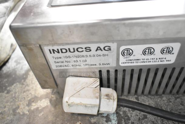 Glowmaster Electra GMI-3500 induction range, stainless steel, 208V, 1 phase. Features label with specs and ETL certification.