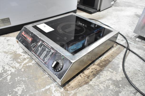 Glowmaster Electra GMI-3500 stainless steel induction range, single burner, 208V, 1 phase. Includes control panel and power dial.