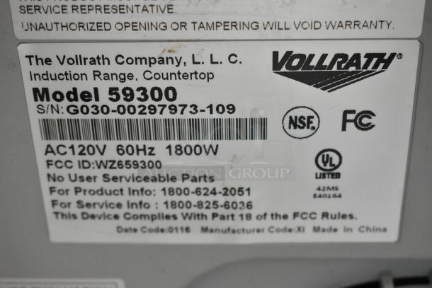 Vollrath 59300 Commercial Single Burner Induction Range label; 120V, 1800W; NSF, FCC, UL certified; made in China.