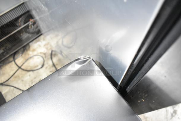 Galanz GLR31TS1E02 mini cooler with freezer, 115 volts, showing dented corner, silver finish. 1 Phase operation.