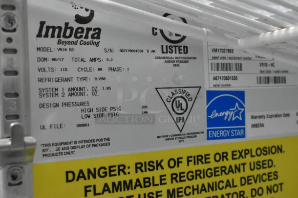 Imbera VR10 commercial cooler label with specs: 115V, 1 phase, R-290 refrigerant. UL and Energy Star certified.