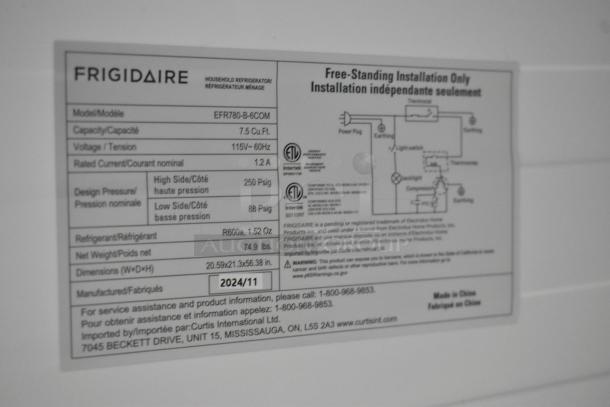 Frigidaire EFR780-B-6COM cooler/freezer label detailing 115V, 1 phase, 7.5 Cu.Ft. capacity, R600a refrigerant, manufactured 2024/11.