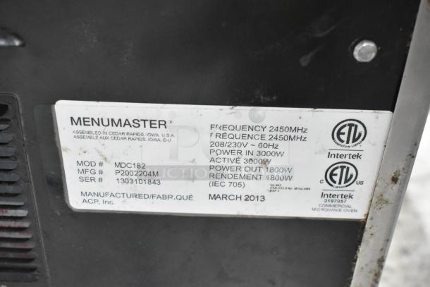 Menumaster MDC182 Stainless Steel Commercial Microwave Oven label showing model, frequency, power, and certification details.