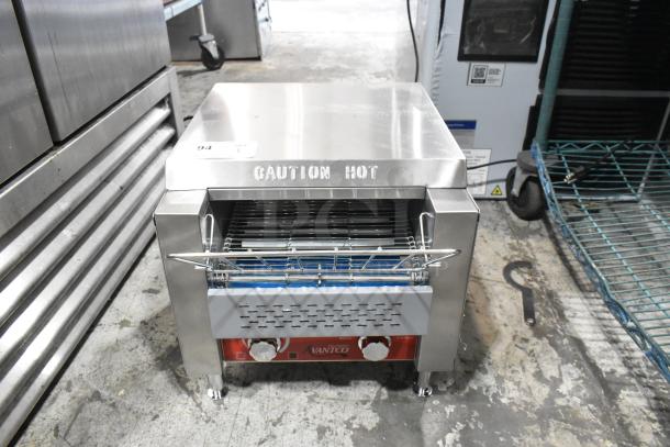 Brand new Avantco 184T140 stainless steel conveyor toaster, 10" wide, 3" opening, 300 slices/hour, 120V, "Caution Hot" label.