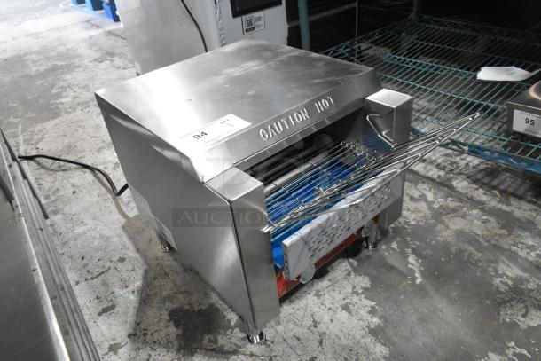 Brand new Avantco 184T140 stainless steel conveyor toaster, 10" wide, 3" opening, 300 slices/hour, 120V, minor scratches.
