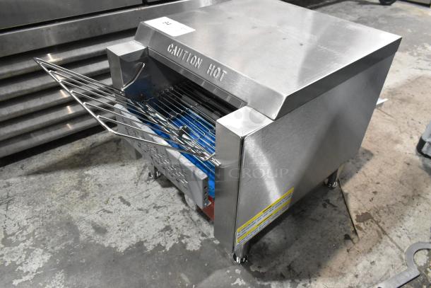 Brand new Avantco 184T140 stainless steel conveyor toaster, 10" wide, 3" opening, 300 slices/hr, 120V, 1 phase, scratch and dent.