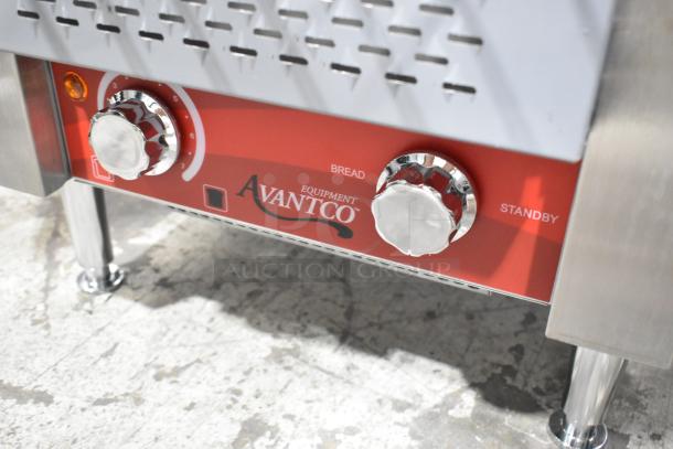 Brand new Avantco 184T140 stainless steel conveyor toaster, 10" wide, 3" opening, controls labeled for bread and standby.