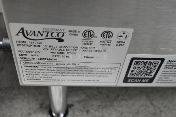 BRAND NEW Avantco 184T140 stainless steel conveyor toaster, 10" wide, 3" opening, 300 slices/hour, 120V, 1 phase. Labels indicate model and warnings.