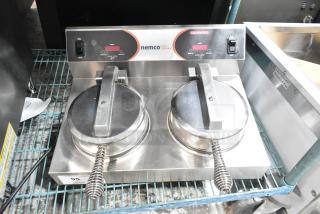 Brand new Nemco 7000A-2S stainless steel dual waffle maker, features SilverStone non-stick surface, 120 volts, 1 phase.