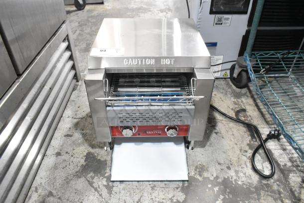 Brand new Avantco 184T140 stainless steel conveyor toaster, 10" wide, 3" opening, 300 slices/hr, scratch and dent condition.