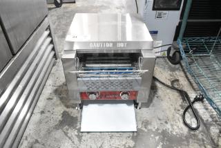 Brand new Avantco 184T140 stainless steel conveyor toaster, 10" wide, 3" opening, 300 slices/hr, scratch and dent condition.