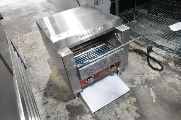 Brand new Avantco 184T140 stainless steel conveyor toaster, 10" wide, 3" opening, 300 slices/hour, scratch and dent condition.