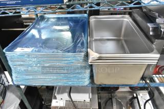 28 new scratch and dent items: 5 Choice 8" deep anti-jam stainless steel pans, 23 Choice 18"x26" aluminum bun pans.