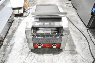 Brand new Avantco 184T140 stainless steel conveyor toaster, 10" wide, 3" opening, 300 slices/hour, 120V, 1 Phase.