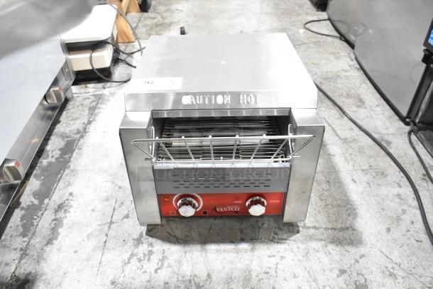 Brand new Avantco 184T140 stainless steel conveyor toaster, 10" wide, with 3" opening, 300 slices/hour, labeled "CAUTION HOT".
