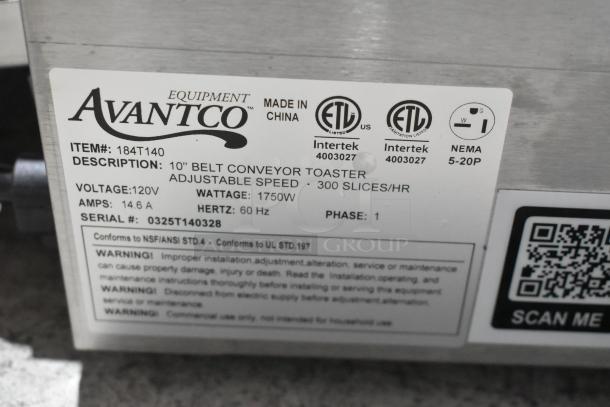 Avantco 184T140 stainless steel conveyor toaster label, 10" wide, 3" opening, 300 slices/hr, 120V, 1750W, made in China.