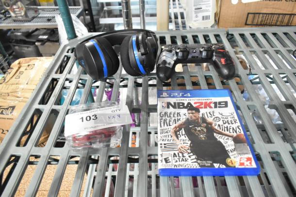 4-item lot: PS4 NBA 2K19 game, headphones, PlayStation controller, earphones. Includes auction tags, condition varies.