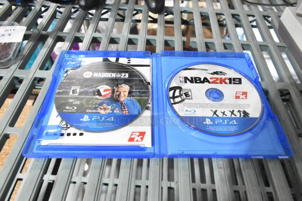 4-item bundle: PS4 NBA 2K19 game, headphones, PlayStation controller, and earphones. Includes 2K and EA Sports branding.