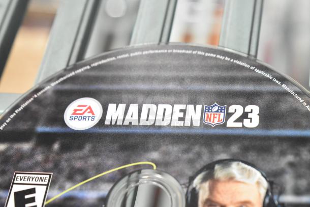EA Sports Madden NFL 23 game disc, partial view, showing logo and "Everyone" rating.