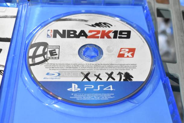 PS4 NBA 2K19 game disc in blue case, rated E for Everyone, with 2K branding.