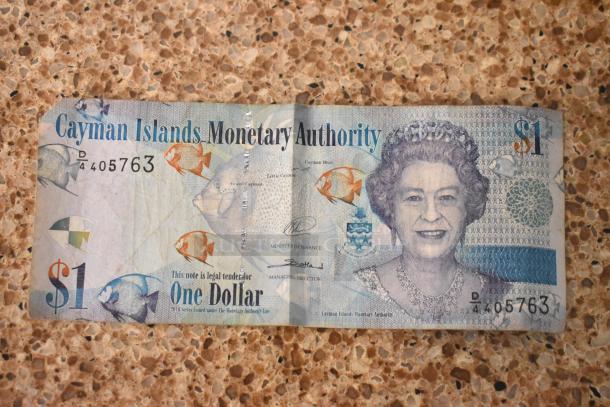 Cayman Islands $1 note, features Queen Elizabeth II, colorful fish, serial #D/4 405763. Crisp condition, collectible currency.