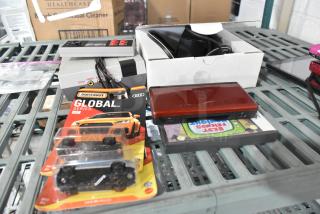6 various items including Coolbaby RS-41 game console, Global Matchbox cars, Nintendo DS with games; good condition.