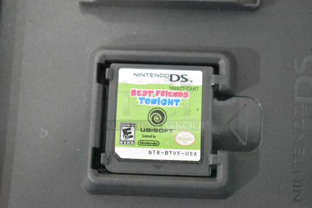 Nintendo DS "Best Friends Tonight" game cartridge with Ubisoft logo, rated E10+, licensed by Nintendo, in protective case.