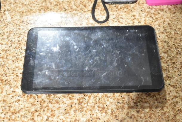 4 items including a used Scepter tablet with a scratched screen, Apple iPhone A1303, Apple IH-W-PP2058 iHome, and Sony Cyber Shot camera.