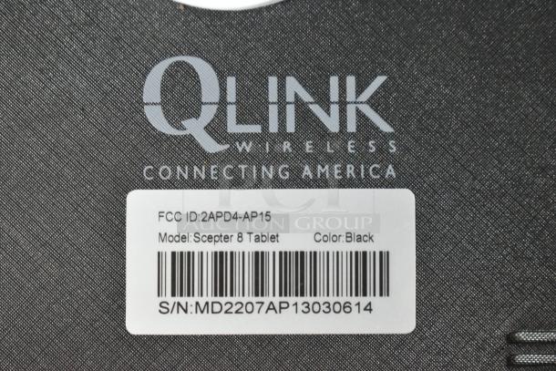 Label of Q Link Wireless Scepter 8 Tablet in black, with FCC ID 2APD4-AP15 and S/N MD2207AP13030614.