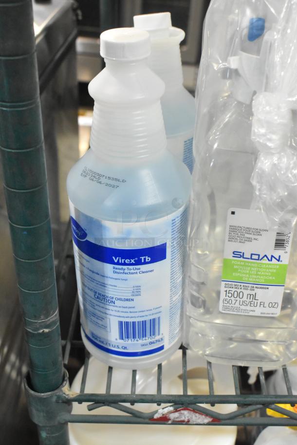 Two-tier shelf with Diversey Virex Tb disinfectant cleaner and Sloan foam hand cleanser bottles, labels visible.