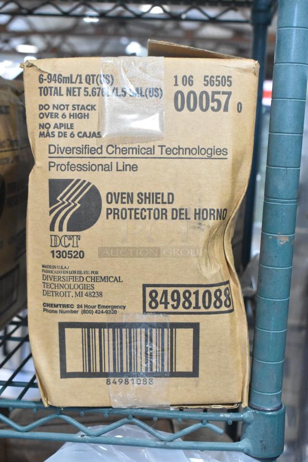 Cardboard box labeled "Oven Shield Protector del Horno" by Diversified Chemical Technologies. Contains 5.67 L, made in USA.