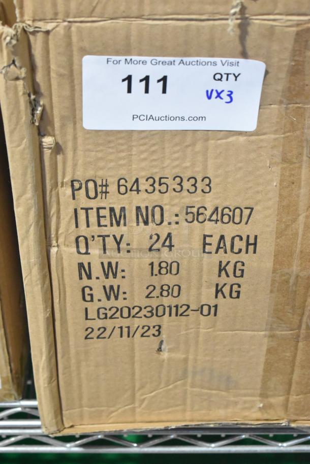 Cardboard box showing item details for Carlisle 564607 Alibi 9 oz. plastic martini glass, 24 per case, new condition.