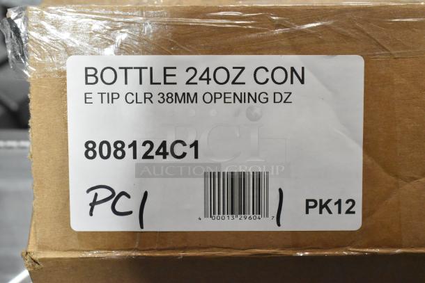 Box labeled "Bottle 24oz Con, E Tip CLR 38mm Opening DZ," showing 808124C1 barcode, 12-pack squeeze bottles.