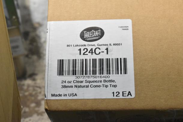 Box label for Tablecraft 124C-1, 24 oz. clear squeeze bottle, 38mm cone-tip top. Made in USA, 12 per pack.