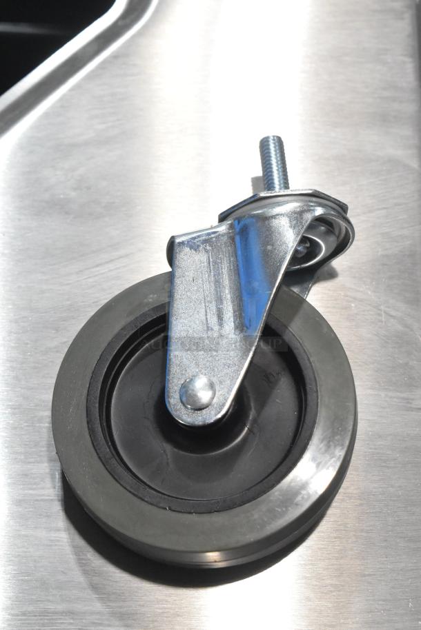 Brand new commercial caster, metal frame, rubber wheel. Scratch and dent condition. Set of four.