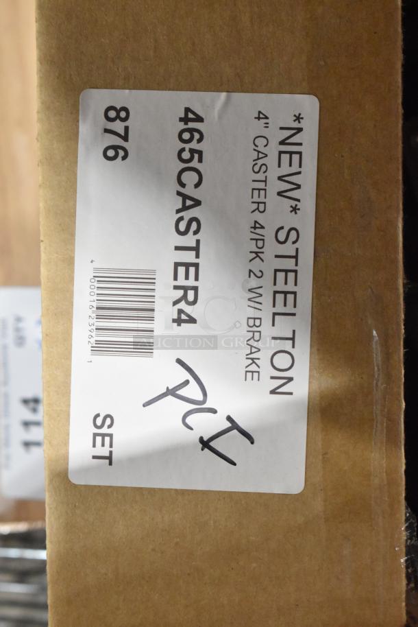 Box of 4 new Steelton 4-inch commercial casters with brake, labeled "scratch and dent," model 465CASTER4.